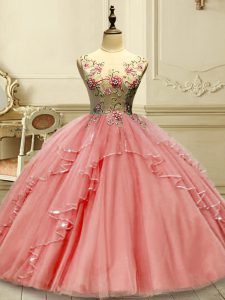On Sale Floor Length Lace Up Quince Ball Gowns Watermelon Red for Military Ball and Sweet 16 and Quinceanera with Appliques