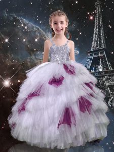 White Ball Gowns Beading and Ruffled Layers Kids Pageant Dress Lace Up Tulle Sleeveless Floor Length