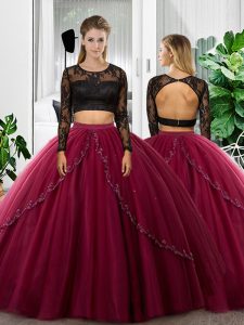 Charming Fuchsia Backless Quinceanera Dress Lace and Ruching Long Sleeves Floor Length