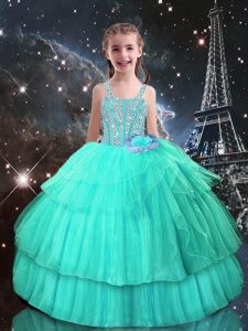 Attractive Beading Girls Pageant Dresses Turquoise Lace Up Sleeveless Floor Length