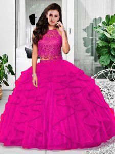Fitting Floor Length Zipper 15th Birthday Dress Fuchsia for Military Ball and Sweet 16 and Quinceanera with Lace and Ruffles