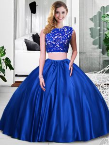 Custom Design Royal Blue Two Pieces Lace and Ruching 15 Quinceanera Dress Zipper Taffeta Sleeveless Floor Length