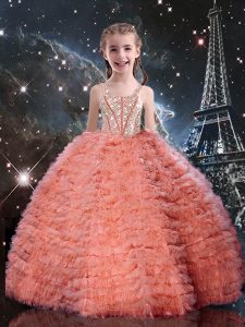 Unique Watermelon Red Lace Up Little Girls Pageant Dress Beading and Ruffled Layers Sleeveless Floor Length