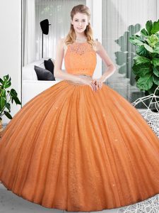 Sleeveless Floor Length Lace and Ruching Zipper Quinceanera Gown with Orange