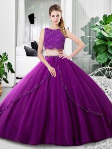 Purple Two Pieces Tulle Scoop Sleeveless Lace and Ruching Floor Length Zipper Quinceanera Gowns