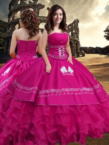 Nice Hot Pink Taffeta Zipper Strapless Sleeveless Floor Length Quinceanera Dresses Embroidery and Ruffled Layers