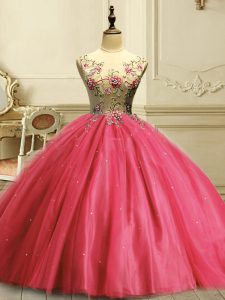 Coral Red Scoop Lace Up Appliques and Sequins Quinceanera Gown Sleeveless