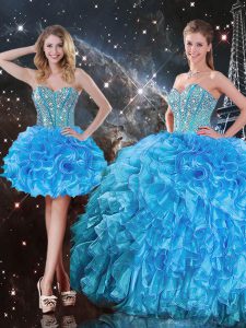 Dynamic Baby Blue Lace Up Sweetheart Beading and Ruffles Ball Gown Prom Dress Organza Sleeveless