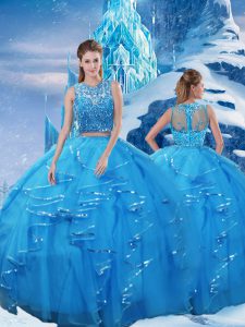 Scoop Sleeveless Ball Gown Prom Dress Floor Length Beading and Ruffles Baby Blue Tulle
