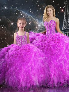 Fuchsia Ball Gowns Beading and Ruffles Sweet 16 Quinceanera Dress Lace Up Organza Sleeveless Floor Length