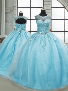Ball Gowns Sleeveless Aqua Blue Quinceanera Gown Brush Train Lace Up