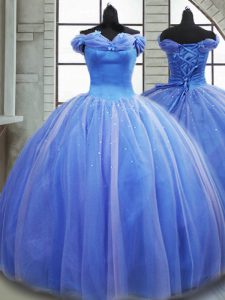 Sleeveless Pick Ups Lace Up Quinceanera Dress with Light Blue Brush Train