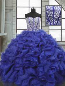 Fitting Blue Organza Lace Up Sweetheart Sleeveless Floor Length Ball Gown Prom Dress Beading and Ruffles