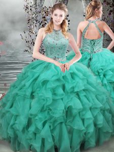 Turquoise Sleeveless Beading and Ruffles Lace Up Quinceanera Dresses