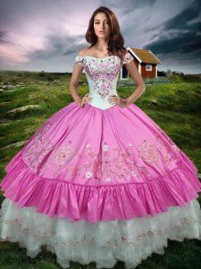 Pretty Rose Pink Lace Up Off The Shoulder Beading and Embroidery and Ruffled Layers Sweet 16 Dresses Taffeta Sleeveless