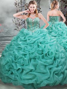Beautiful Sleeveless Beading and Pick Ups Lace Up Quinceanera Gown with Turquoise Brush Train