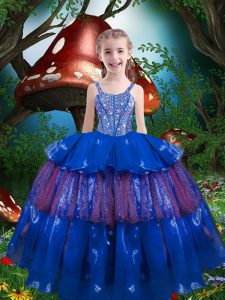 Simple Floor Length Ball Gowns Sleeveless Blue Little Girls Pageant Dress Lace Up