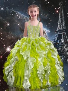 Best Beading and Ruffles Little Girls Pageant Gowns Olive Green Lace Up Sleeveless
