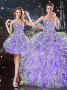 Admirable Lavender Quince Ball Gowns Military Ball and Sweet 16 and Quinceanera with Beading and Ruffles Sweetheart Sleeveless Lace Up