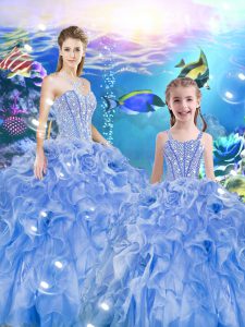 Stunning Baby Blue Quince Ball Gowns Military Ball and Sweet 16 and Quinceanera with Beading and Ruffles Sweetheart Sleeveless Lace Up