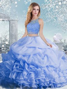 Elegant Floor Length Clasp Handle 15th Birthday Dress Baby Blue for Military Ball and Sweet 16 and Quinceanera with Beading and Ruffles and Pick Ups