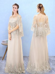 Champagne Vestidos de Damas For with Beading and Appliques Scoop Half Sleeves Lace Up