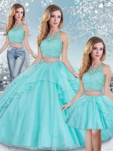 New Style Aqua Blue Sleeveless Floor Length Beading and Lace and Sequins Clasp Handle Quinceanera Dress