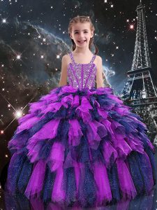 Eggplant Purple Ball Gowns Tulle Straps Sleeveless Beading and Ruffles Floor Length Lace Up Little Girls Pageant Dress