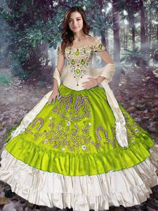Taffeta Off The Shoulder Sleeveless Lace Up Embroidery and Ruffled Layers Ball Gown Prom Dress in Yellow Green