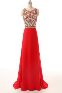 Decent Scoop Sleeveless Chiffon Evening Dress Beading Brush Train Side Zipper
