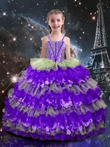 Floor Length Multi-color Little Girls Pageant Gowns Organza Sleeveless Beading and Ruffled Layers
