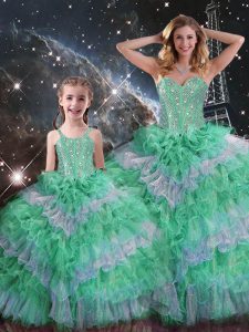 Colorful Floor Length Multi-color Quinceanera Gown Organza Sleeveless Beading and Ruffled Layers