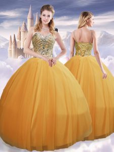 Most Popular Gold Spaghetti Straps Neckline Beading Quince Ball Gowns Sleeveless Lace Up