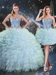 Enchanting Sleeveless Floor Length Beading and Ruffles Lace Up 15 Quinceanera Dress with Aqua Blue