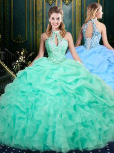 Apple Green Organza Lace Up Halter Top Sleeveless Floor Length Quinceanera Gown Beading and Ruffles and Pick Ups