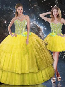 Gold Sweetheart Lace Up Ruffled Layers and Sequins 15th Birthday Dress Sleeveless