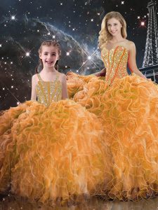Orange Ball Gowns Organza Sweetheart Sleeveless Beading and Ruffles Floor Length Lace Up Sweet 16 Quinceanera Dress