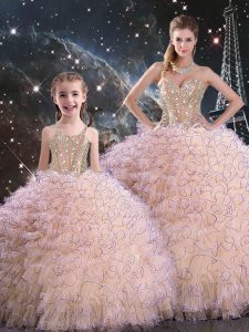 Luxurious Peach Ball Gowns Organza Sweetheart Sleeveless Beading and Ruffles Floor Length Lace Up Vestidos de Quinceanera