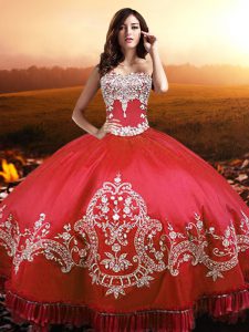 Gorgeous Coral Red Lace Up Strapless Beading and Appliques and Embroidery Quince Ball Gowns Taffeta Sleeveless
