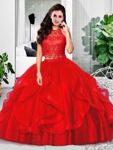 Comfortable Sleeveless Floor Length Lace and Ruffles Zipper Sweet 16 Dresses with Red