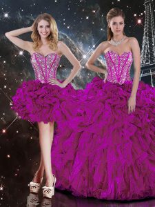 Dramatic Floor Length Lace Up Sweet 16 Dresses Fuchsia for Military Ball and Sweet 16 and Quinceanera with Beading and Ruffles