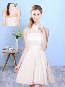 Chiffon High-neck Sleeveless Lace Up Lace Bridesmaid Gown in Champagne