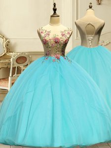 Deluxe Aqua Blue Organza Lace Up 15th Birthday Dress Sleeveless Floor Length Appliques