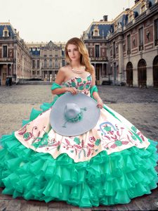 Amazing Turquoise Ball Gowns Sweetheart Sleeveless Organza Floor Length Lace Up Embroidery and Ruffled Layers 15 Quinceanera Dress