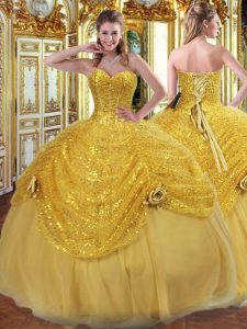 Cute Gold Sleeveless Pick Ups and Hand Made Flower Floor Length Quinceanera Gowns
