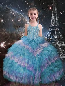 Modern Organza Straps Sleeveless Lace Up Beading and Ruffled Layers Pageant Gowns For Girls in Teal