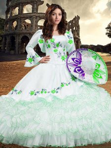 Gorgeous Square Long Sleeves 15 Quinceanera Dress Floor Length Embroidery and Ruffled Layers White Organza