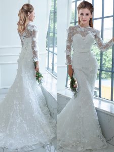 Custom Designed High-neck Long Sleeves Wedding Dresses Brush Train Lace White Lace