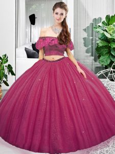 Gorgeous Fuchsia Organza Lace Up Off The Shoulder Sleeveless Floor Length Vestidos de Quinceanera Lace and Ruching