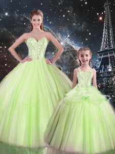 Latest Sweetheart Sleeveless Lace Up Quinceanera Gowns Yellow Green Tulle